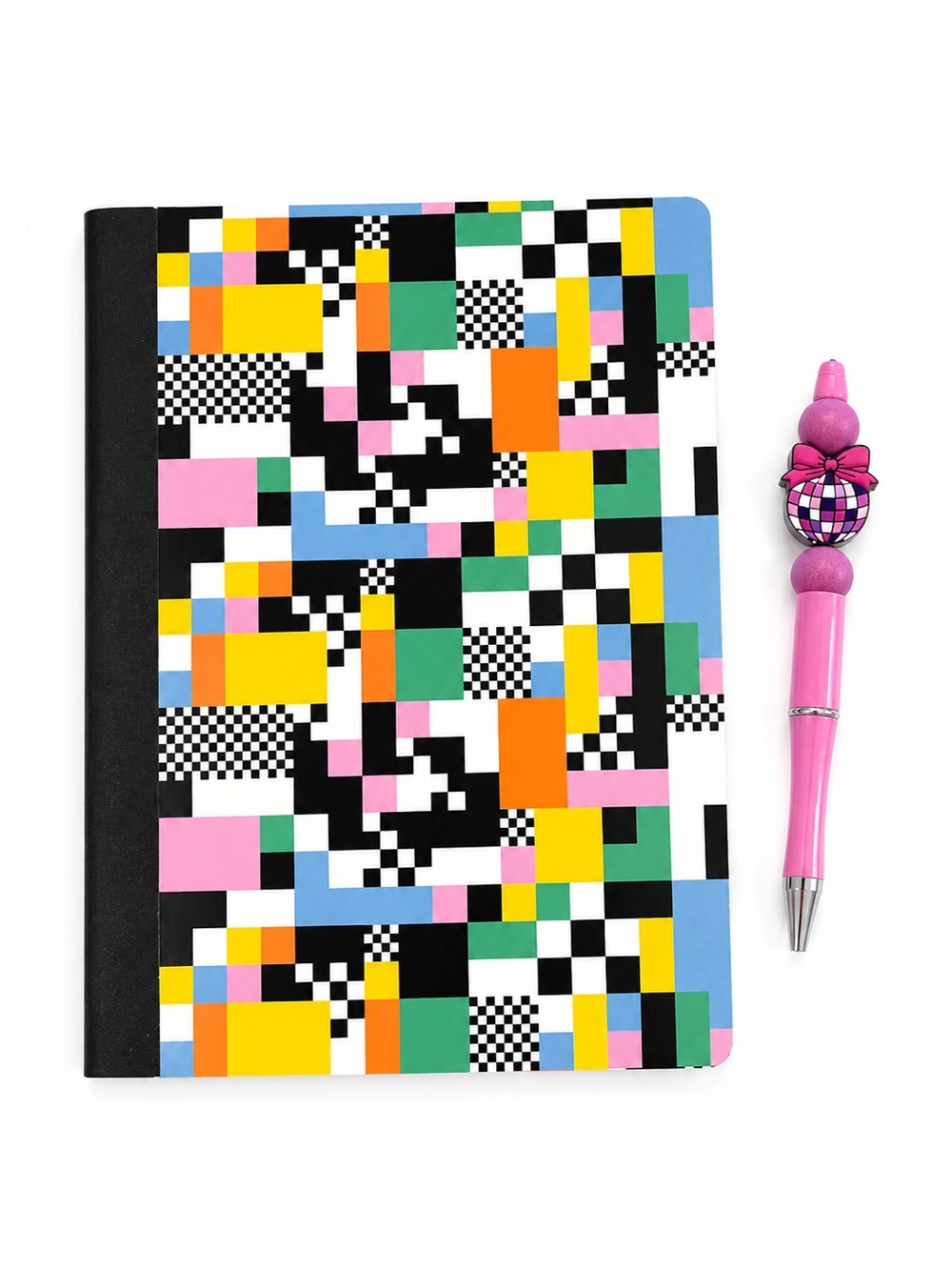 Handmade cute disco ball with bow pen and a Colorful Pixel Pattern Notebook
